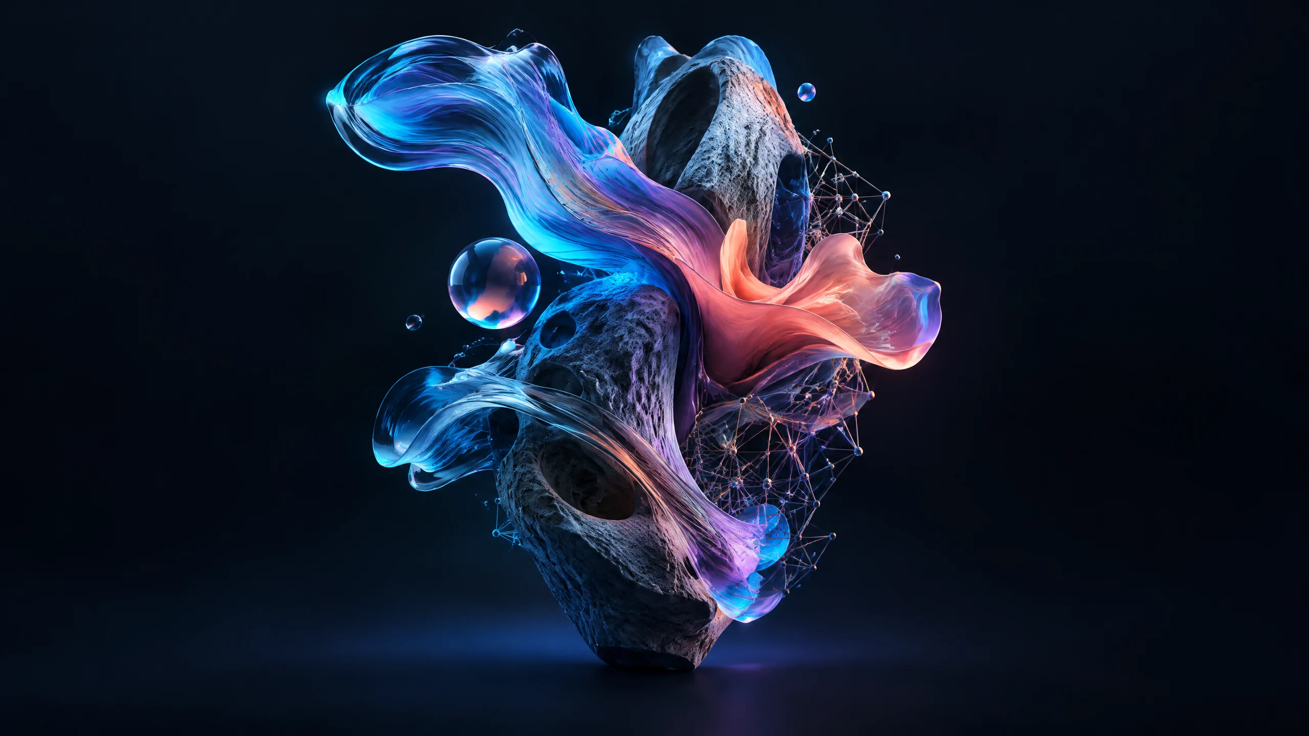 Forme luminose e materia fluida in dialogo con una trama computazionale per raccontare AI e creatività