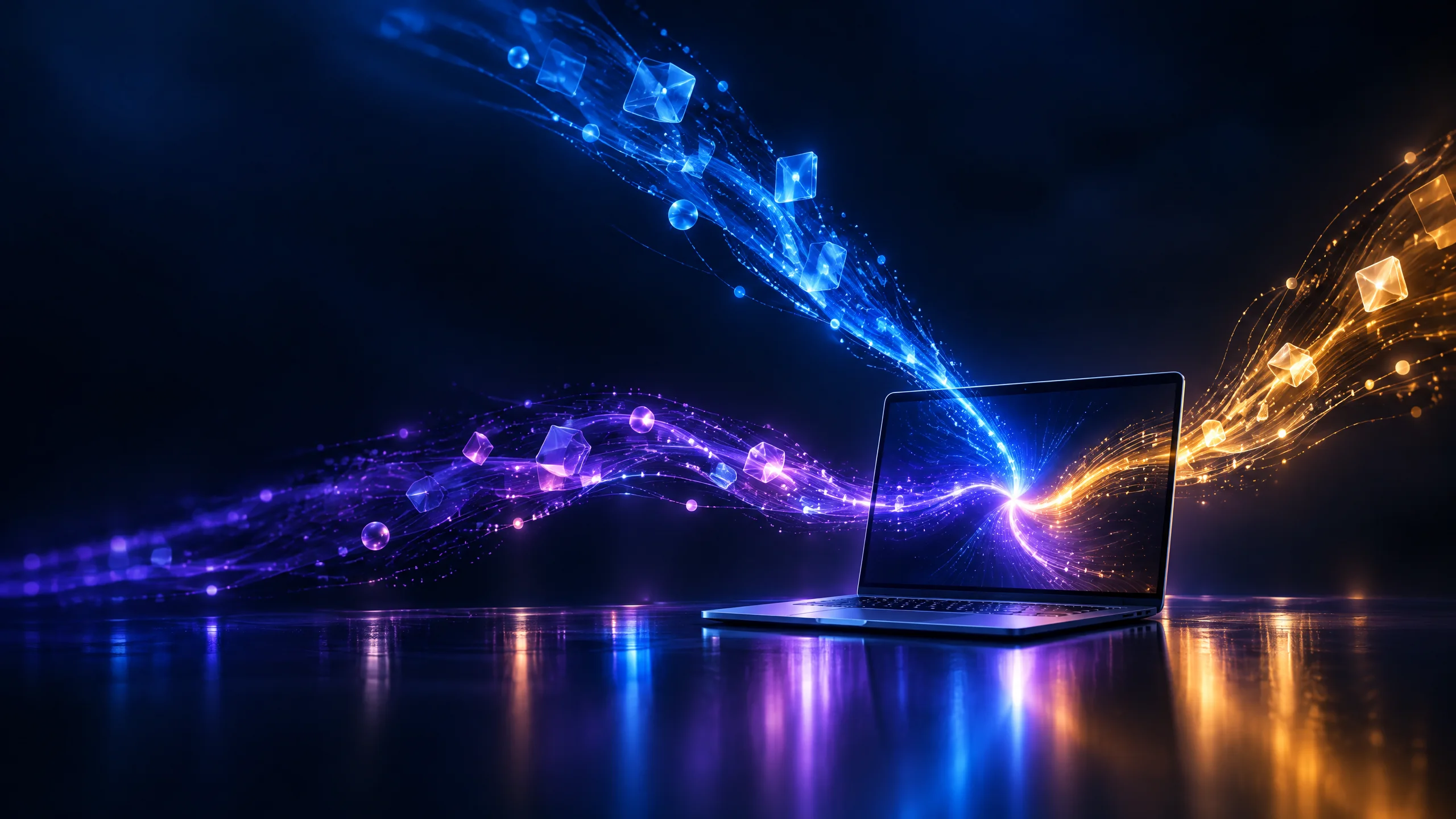 Tre fasci di luce colorati che convergono su una scrivania con un laptop aperto in uno studio luminoso
