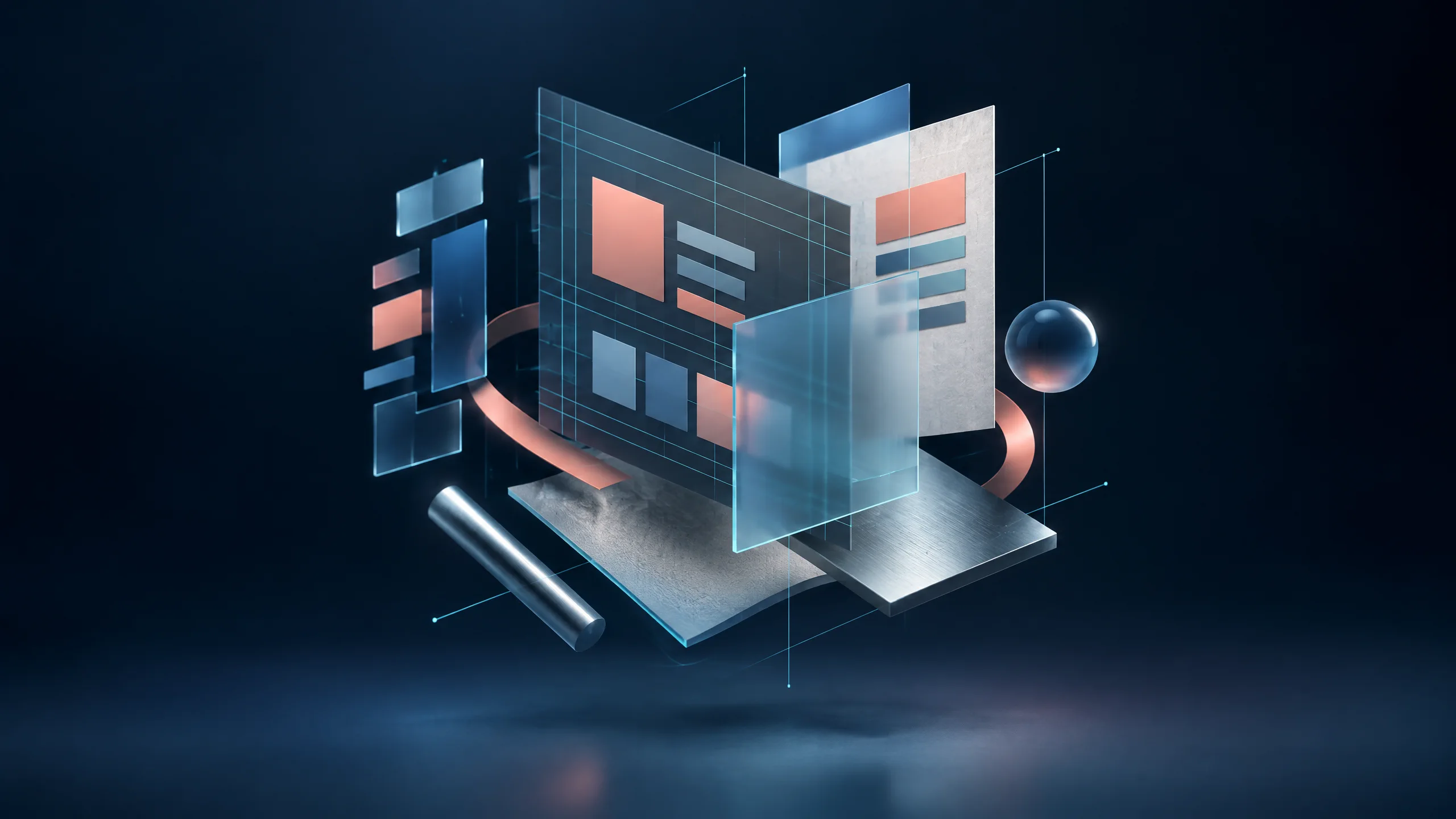 Composizione editoriale astratta di griglie, piani e materiali dedicata al web design